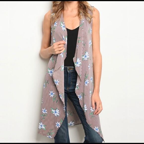 New! Floral Pinstripe Kimono Medium Sleeveless Vest Waterfall Cardigan Cover Up - Picture 1 of 5